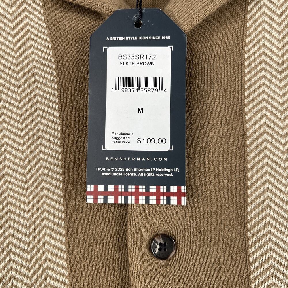 Ben Sherman Knit Shirt Medium Beige Chevron Button Up Short Sleeve Mens New NWT - Picture 5 of 9
